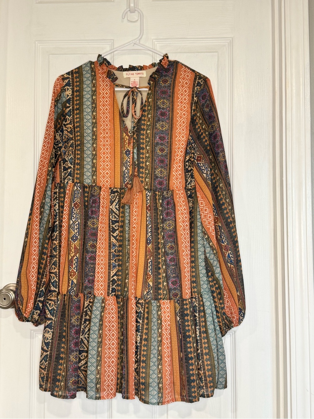 Flying Tomato Striped Patchwork Tiered Dress in Orange, Teal & Purple